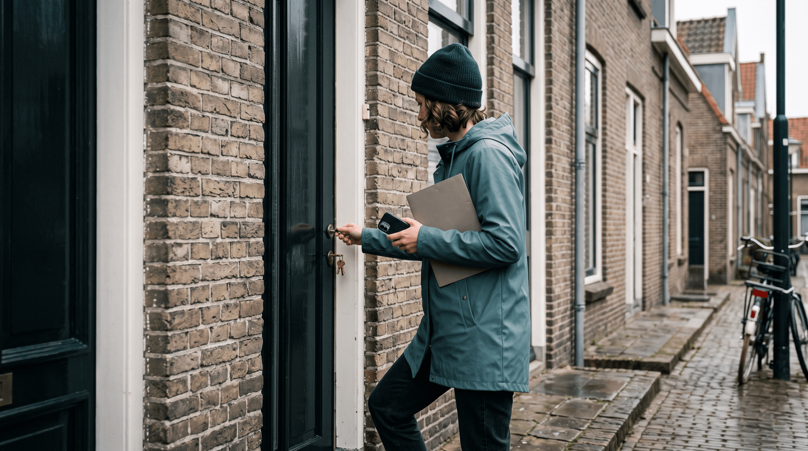 Makelaar met telefoon en agenda voor de deur van een te koop staande woning